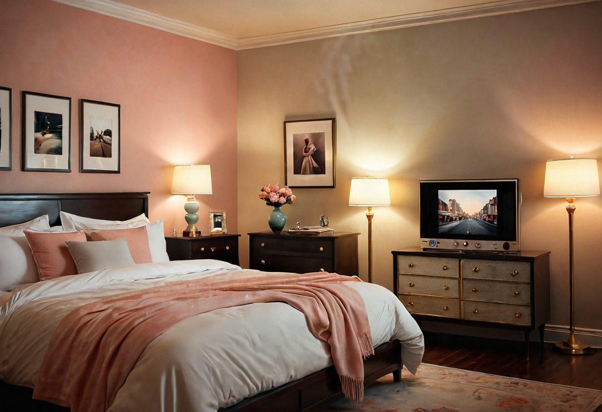 A blend of two worlds: an elegant film reel merging with a soft-focus intimate bedroom scene, symbolizing the transition from adult films to personal videos. Incorporate subtle lighting that creates a warm, inviting atmosphere, with elements of modern technology like a smartphone and a vintage camera. The overall tone should be tasteful and artistic, representing the spectrum of X-rated content with respect and sophistication. Soft pastels with hints of gold accents. super-realistic. vibrant colors.