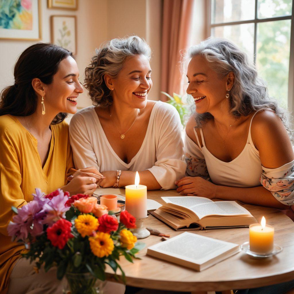 A diverse group of adults joyfully engaging in various activities celebrating sexual positivity, surrounded by a warm, inviting atmosphere. Include symbols of mature entertainment such as books, art, and music, intertwined with vibrant flowers symbolizing growth and contentment. Soft, warm lighting enhances the serene vibe, with elements reflecting acceptance and positivity. pastel color palette. digital painting. vibrant colors.