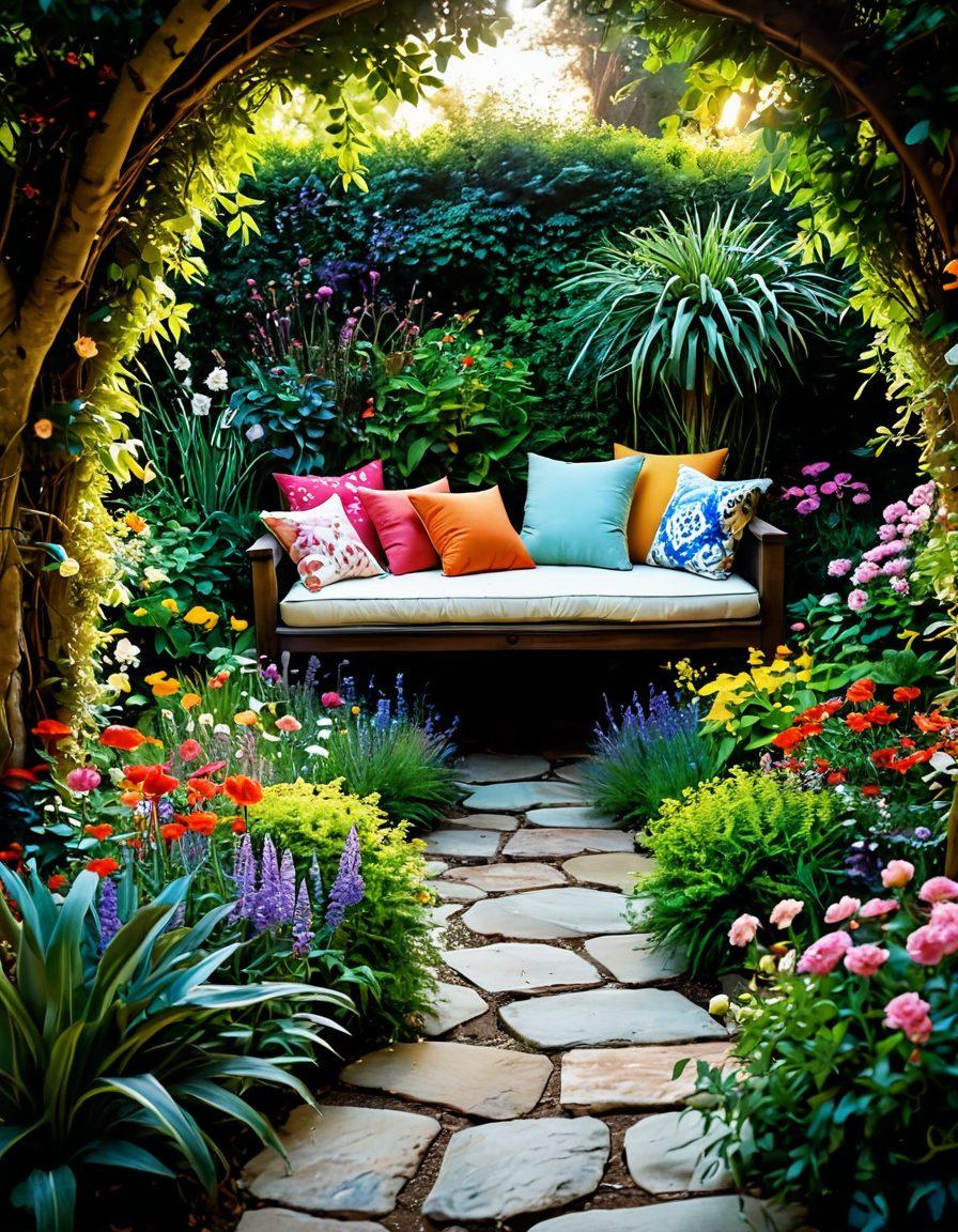 A whimsical and colorful scene depicting a serene garden filled with various playful elements representing sensual entertainment, such as soft fabrics flowing in the breeze, lush flowers symbolizing pleasure, and comforting cushions. A pathway leads to a cozy nook with warm lighting, inviting relaxation and joyful exploration. Include images of gentle touches, laughter, and blissful expressions. vibrant colors. dreamlike. enchanting atmosphere.